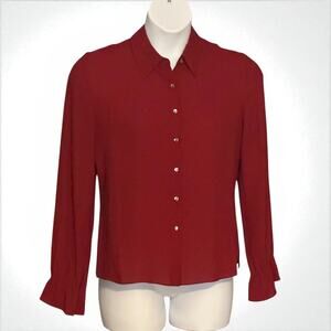 Vintage Talbots Silk Button Up Blouse Shirt Size 12 Dark Red Ruffled Long Sleeve